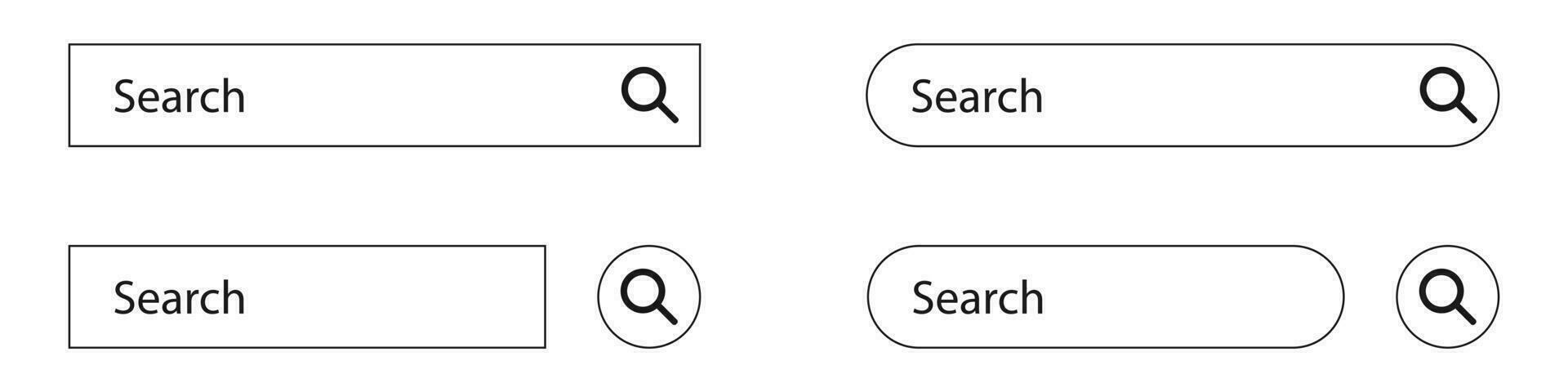 Search bar box set on white background. Isolated search field with loupe icon. Blank template for web site. Navigation banner to browse internet. Magnifier glass sign in square box. Vector EPS 10.