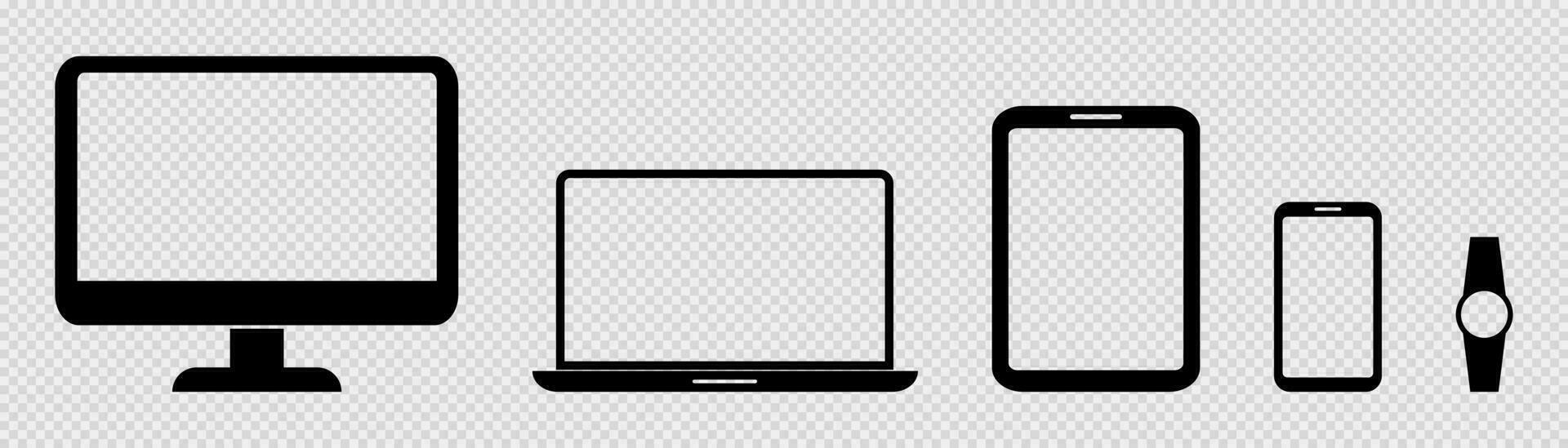 escritorio computadora y ordenador portátil silueta. negro teléfono inteligente y tableta iconos aislado dispositivo pantalla en transparente antecedentes. inteligente reloj Bosquejo con redondo pantalla. cruzar plataforma dispositivos modelo. vector