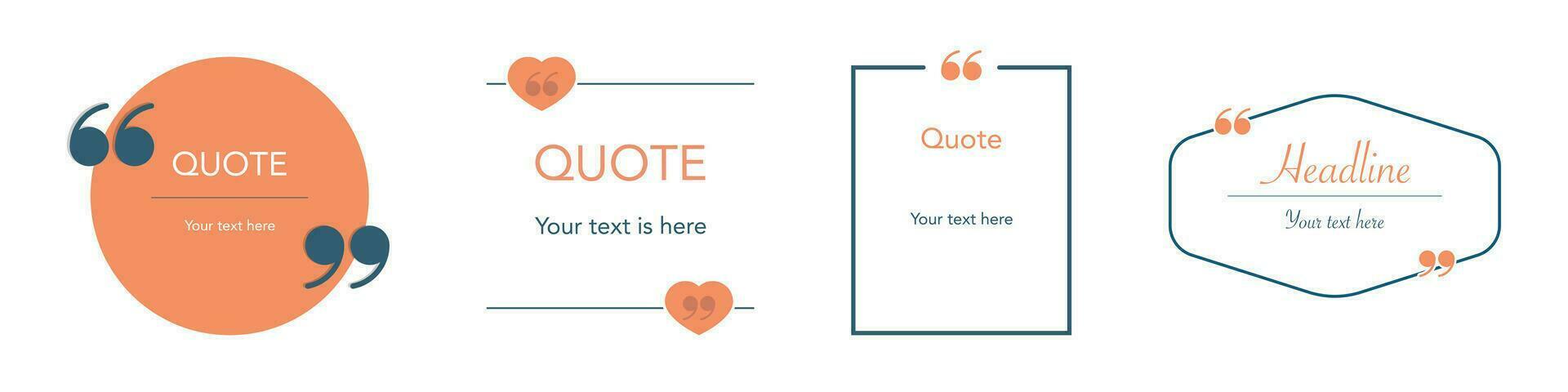 Quotation box template. Isolated simple quote mockup in orange. Bubble text frame on white background. Dialog brackets with commas. Blank textbox with shadow. Vector illustration. EPS 10.