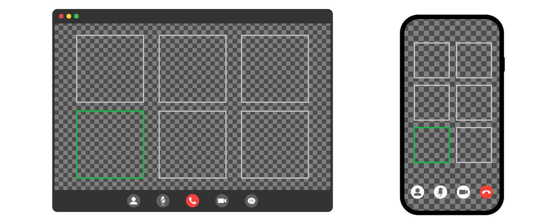 Video call conference on mobile phone and computer. Mockup of remote conversation with transparent background. Active talking user frame on screen. Call window template. Vector EPS 10.