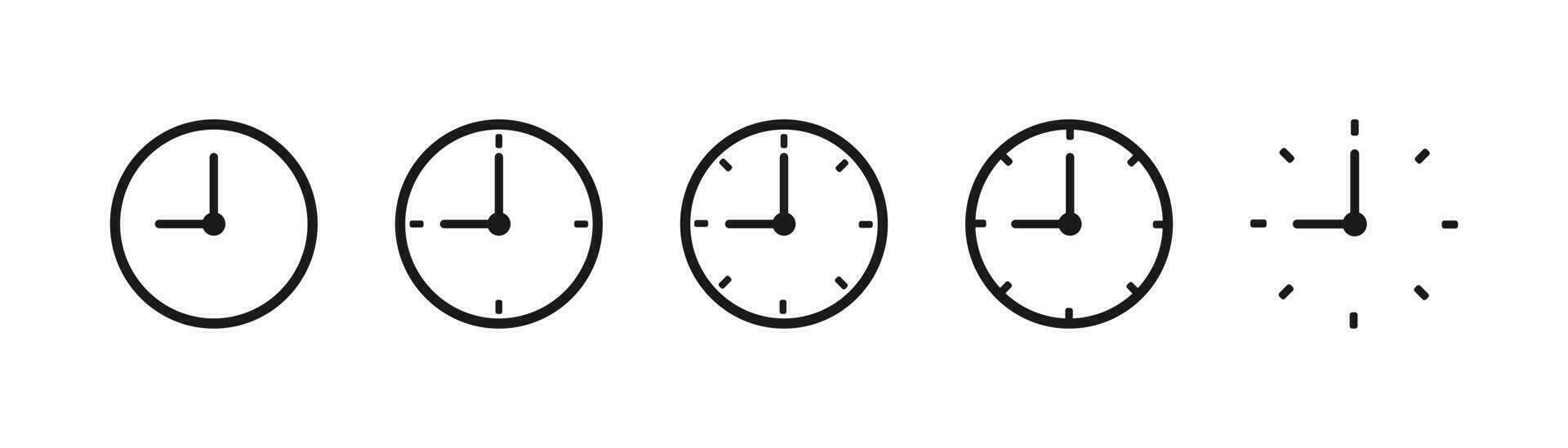 Watch icons collection. Black wall clock set. Isolated time symbol. Round thin clock in black. Linear stopwatch sign. Outline round timer. Analog alarm in circle. Vector EPS 10.