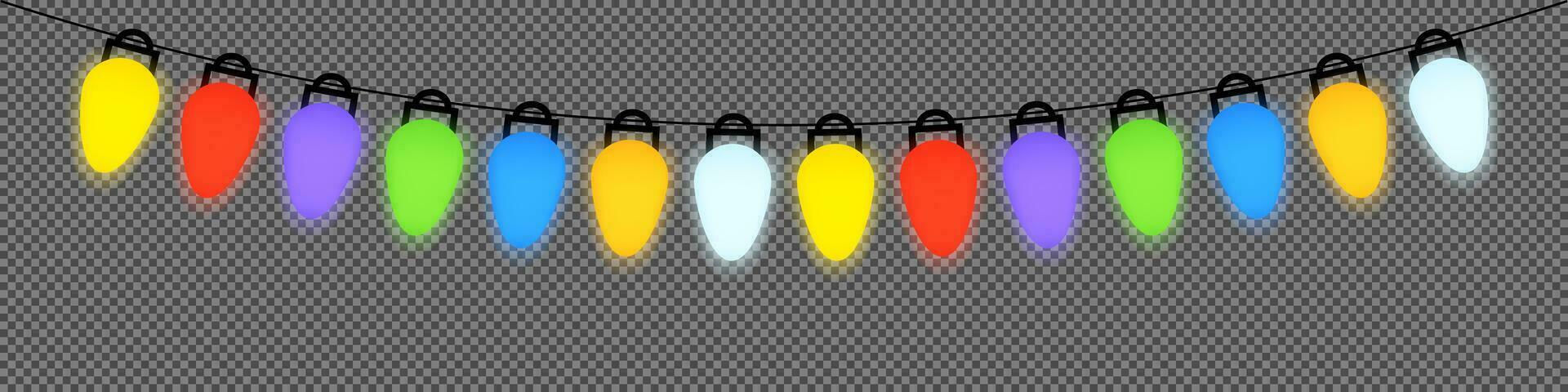 Christmas lights on transparent background. Garland bulbs in colorful style. Xmas string with different lamps. Christmas garland with illuminated neon lights. Vector illustration. EPS 10.