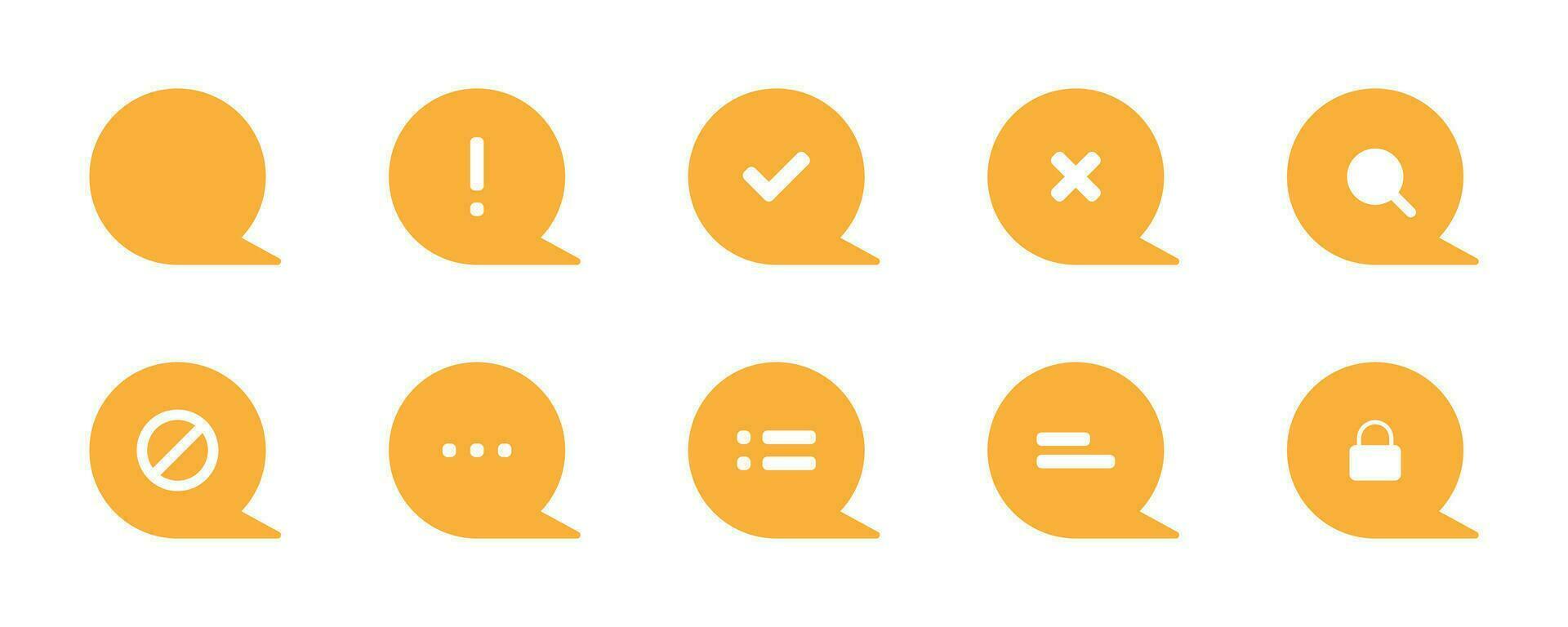 Text message collection. Orange bubble chat collection. Conversation icons with checkmark and forbidden sign. Lock symbol and loupe in chat sign. Isolated flat icons. Vector EPS 10.