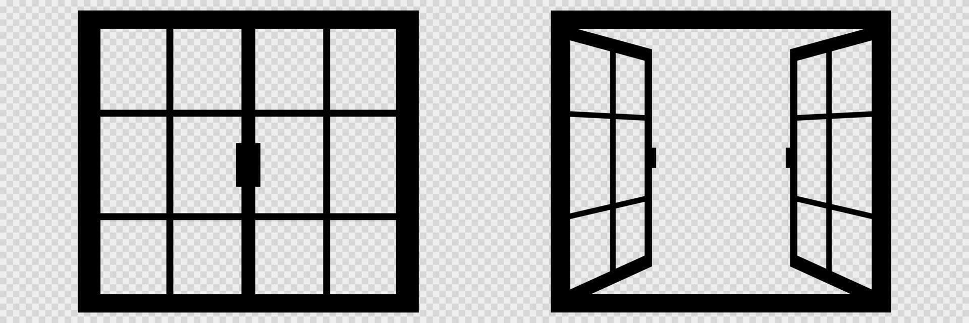 Closed and open window on transparent background. Isolated thin window in black color. Silhouette of empty rectangular border. Classic concept of interior. Vector illustration. EPS 10.