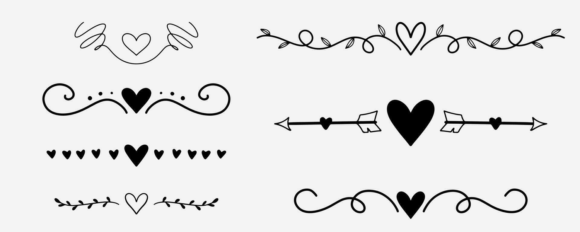 Handwritten love doodle. Decorative romantic dividers. Hand drawn romantic doodles with heart shape and arrows. Wedding decoration in drawing style vector