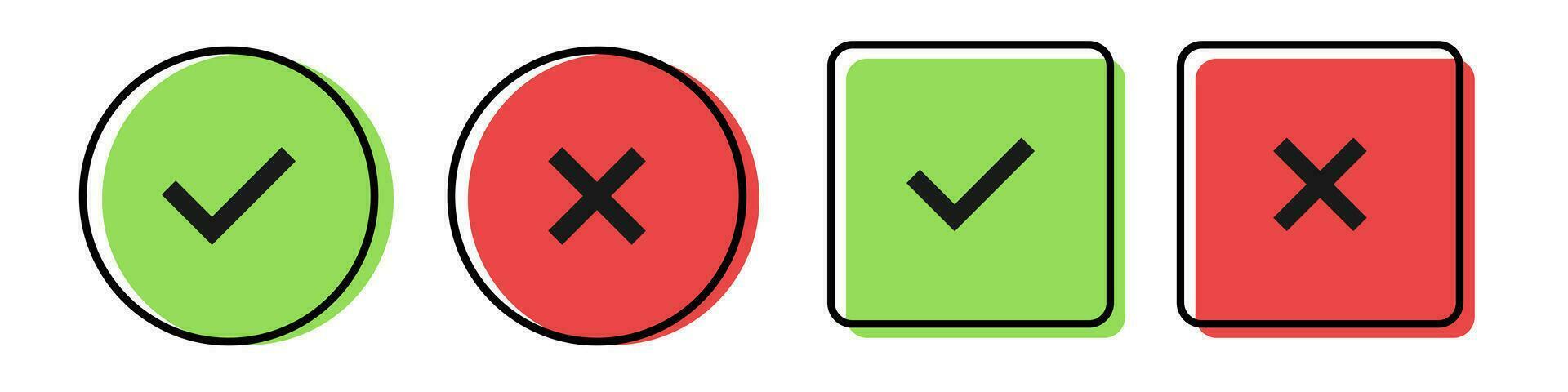 Tick and cross icons on white background. Green and red checkmark symbols. Correct and wrong symbol. Isolated yes and no sign. Approve or deny vector. Done and cancel icons in circle and square. vector