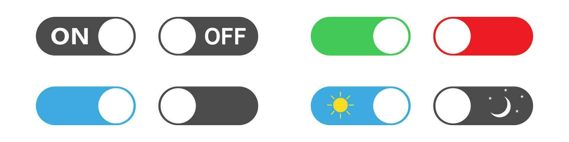 On and off toggle switcher. Isolated power slider in green and red. Day and night pictogram. Active and inactive symbol. Turn on slider on white background. Push toggle set. Vector EPS 10.