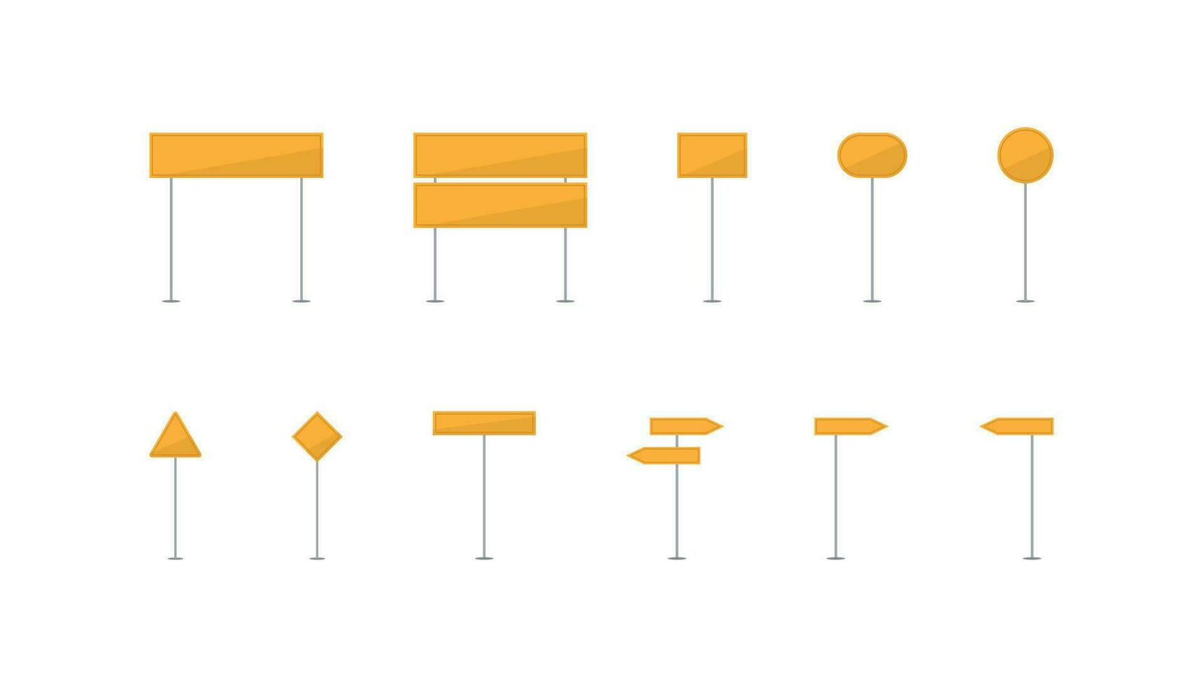 Set of yellow road sign. Traffic direction arrows. Highway sign board. Crossway information set. Template of warning and attention symbols. Road sign in flat design. Vector EPS 10.