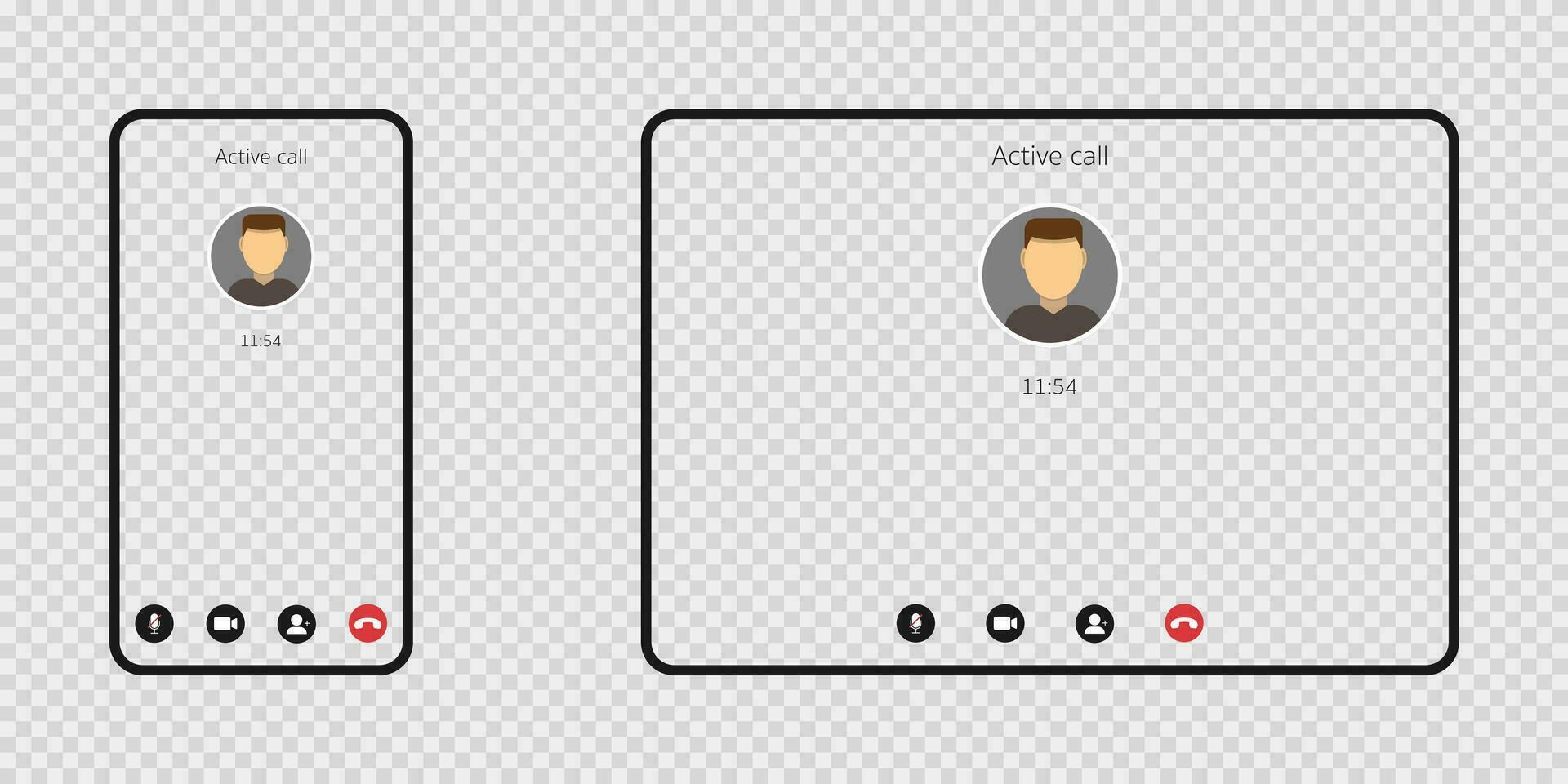 Active call on smartphone and tablet. Phone icon on transparent background. Online video call. Isolated chat conference. Conference template with mute icon and video sign. Vector EPS 10.