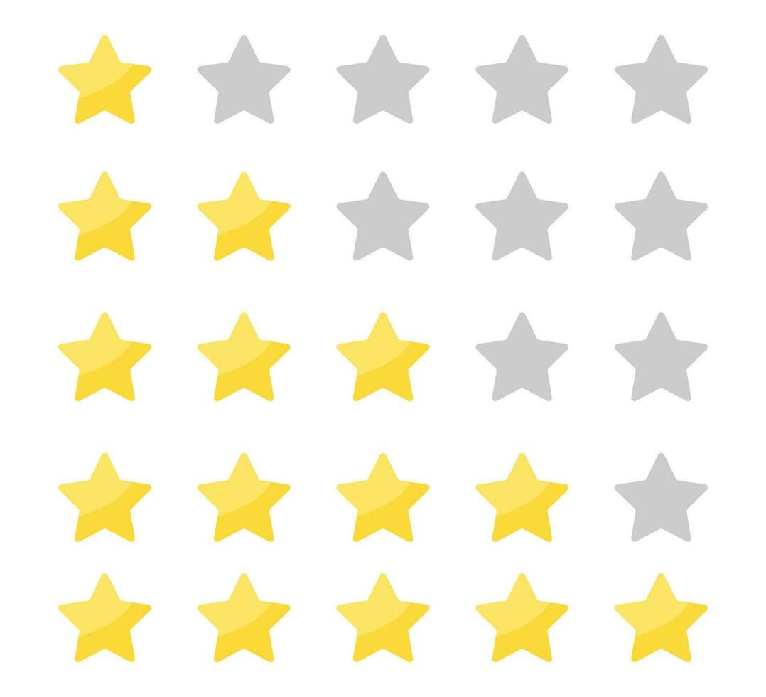 Yellow stars rating on white background. Feedback evaluation in flat design. Rank quality. Review stars symbol. Isolated top rate concept. Review rate icons on white background. Vector EPS 10.