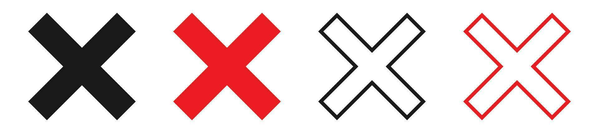 Cross symbol collection on white background. Black and red wrong sign. X icon in bold and outline design. Reject and cancel vector illustration. Error pictogram. Re cross. EPS 10.