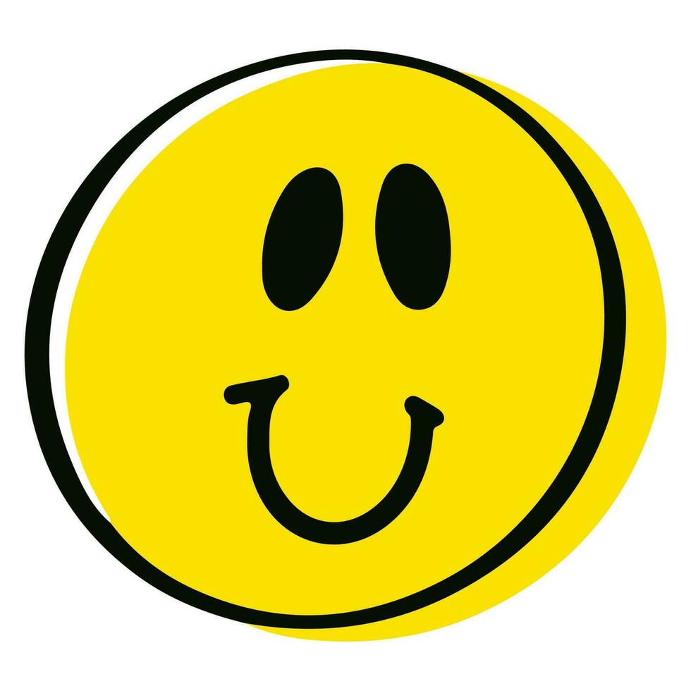 Happy emoticon. Hand drawn cartoon character. Happy smiley face in yellow vector