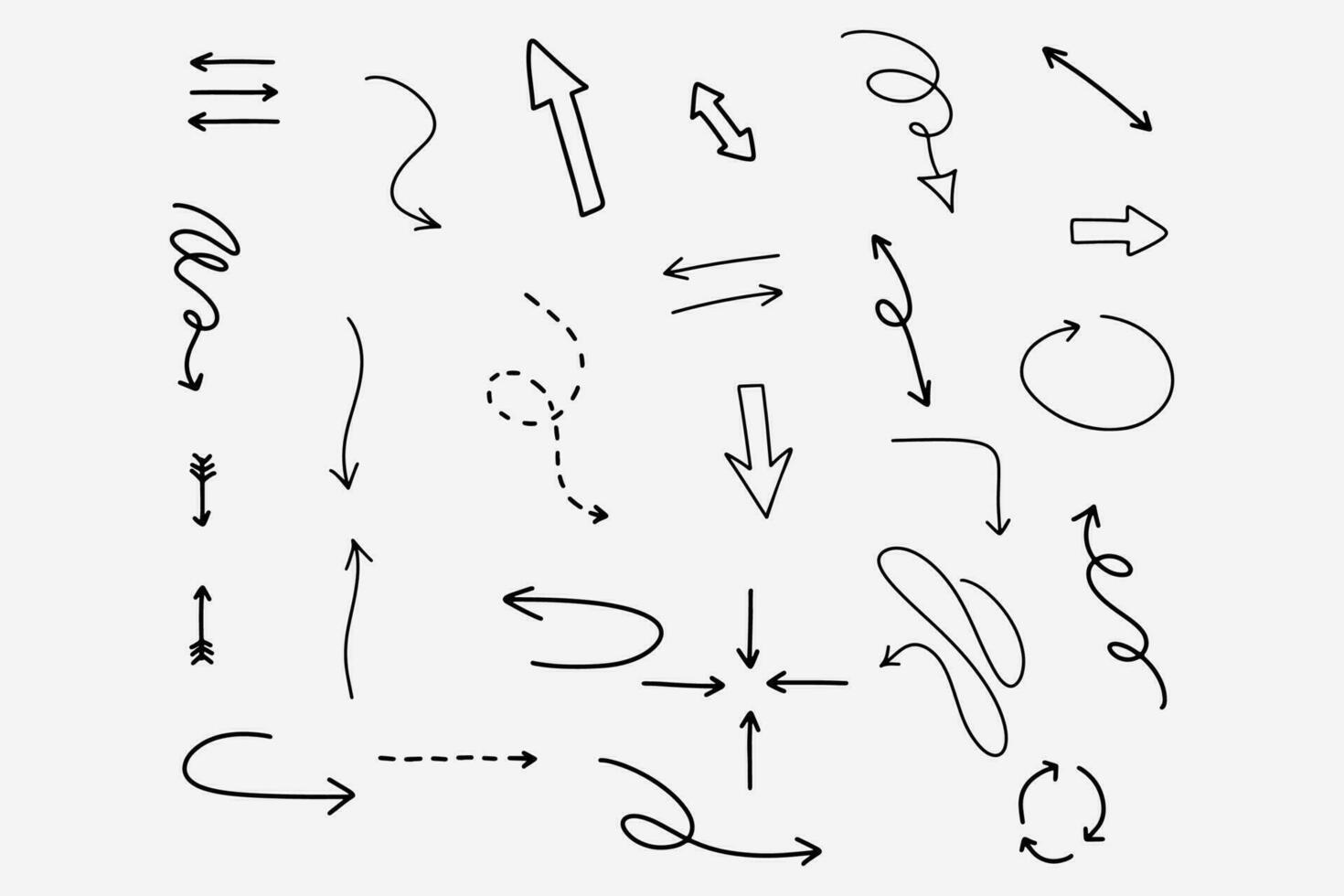 Hand drawn sketch arrows in black. Handwritten arrows set in doodle style. Curve drawing pointer symbol. Direction collection in black vector