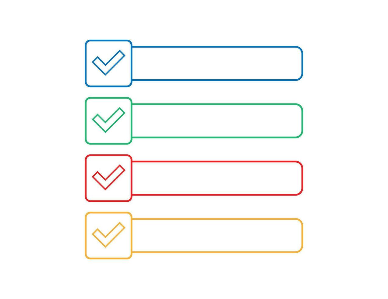 Check mark with empty box. Red, blue, green and yellow checklist. Isolated  vote square window. Ok and yes tick in outline design. Transparent label.  Feedback survey box. Vector EPS 10. 28579181 Vector