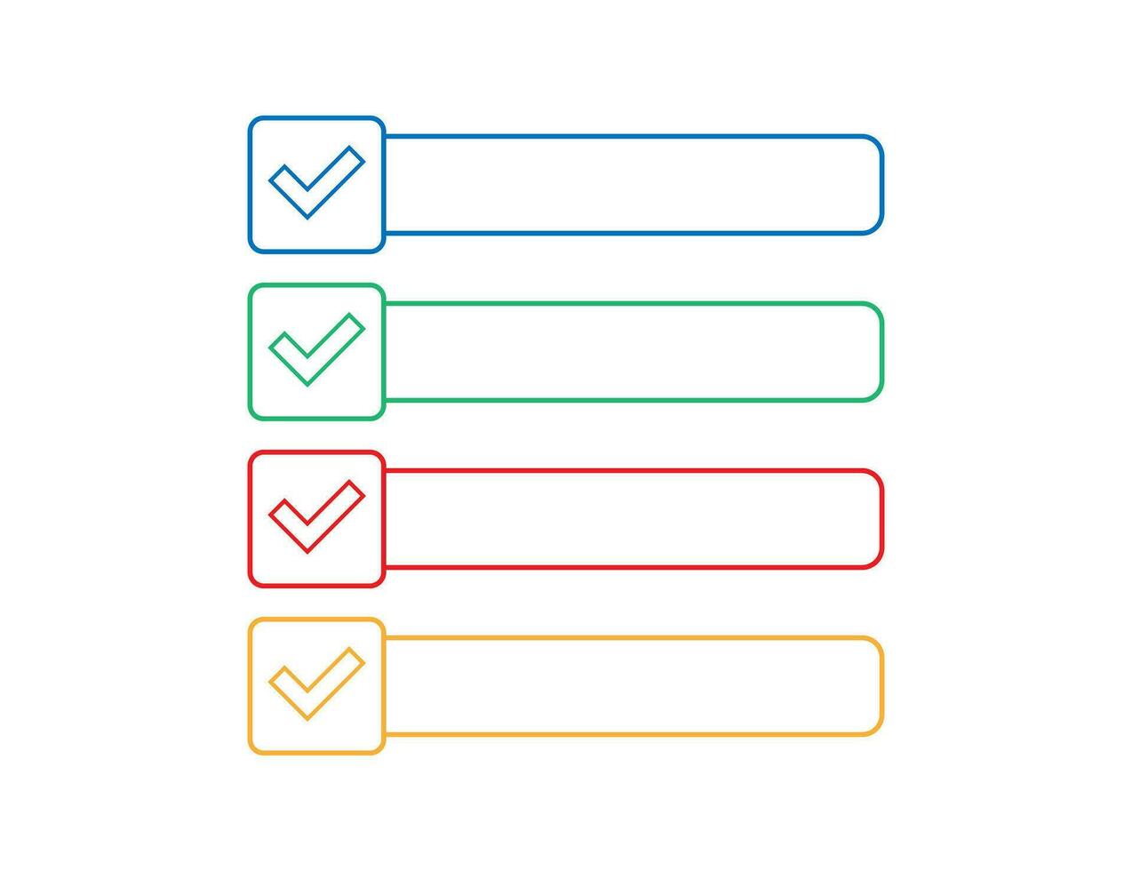 Check mark with empty box. Red, blue, green and yellow checklist. Isolated vote square window. Ok and yes tick in outline design. Transparent label. Feedback survey box. Vector EPS 10.