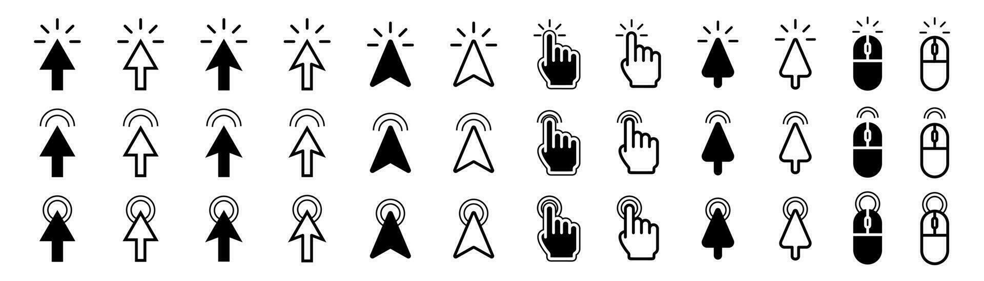 Cursor pointer set. Mouse cursor collection. Isolated arrow pointer. Click and tap symbol. Computer mouse pictogram. Stock vector EPS 10