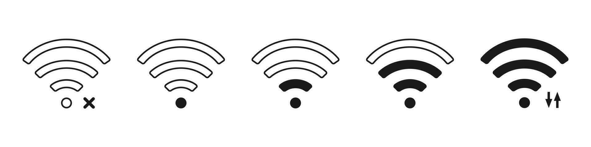Wifi level strenght on white background. Isolated network symbol in black color. Outline wi fi pictogram level. Status of connection satellite. Wi-fi power sign. Vector EPS 10.