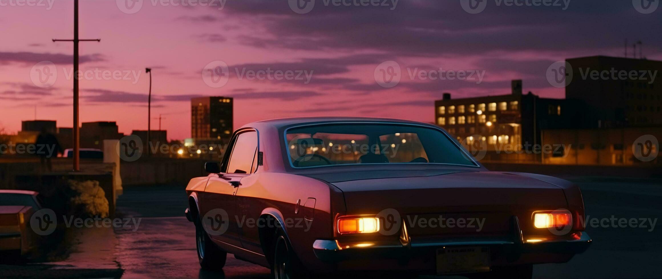 Vintage muscle car parked on the street at night. 80s styled synthwave retro scene with powerful drive in evening. Generated AI. photo