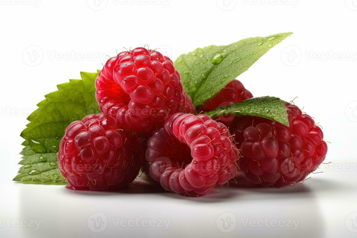Raspberry on white background. Juicy red berry, fresh and sweet. Generated AI. photo