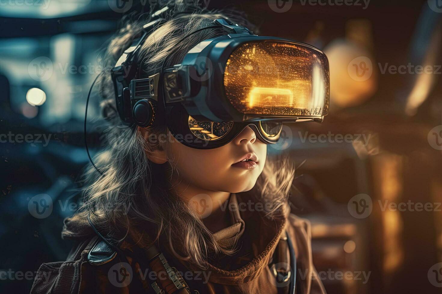 VR goggles technology concept with wearable glasses device. Virtual reality futuristic immersive experience. Generated AI. photo