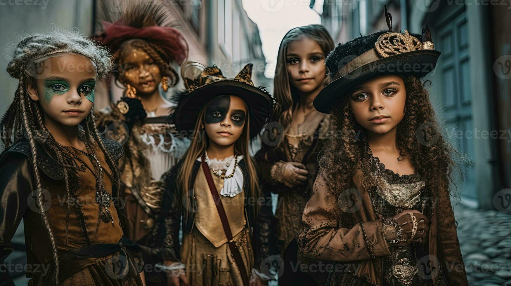 Little girls whith spooky Halloween makeup. Creepy and scary autumn holiday costumes on children for Halloween celebration. Generative AI. photo