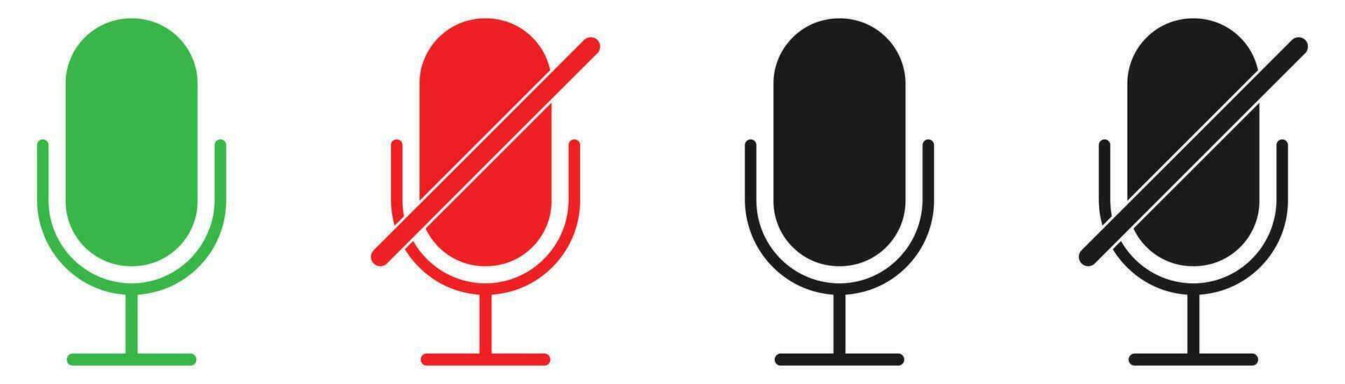 Mic symbol. Red and green microphone icon. Isolated record sign. Mic icons in black. Mute symbol. Retro microphone vector. Podcast sign. Vector illustration EPS 10.