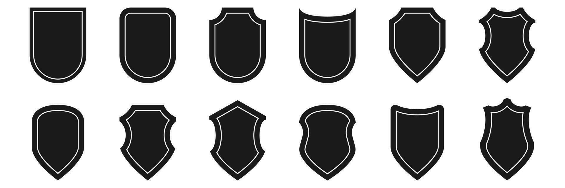 Shield emblem collection on white background. Isolated heraldic security symbol. Protection pictogram in black. Privacy icon in medieval style. Vector illustration. EPS 10.