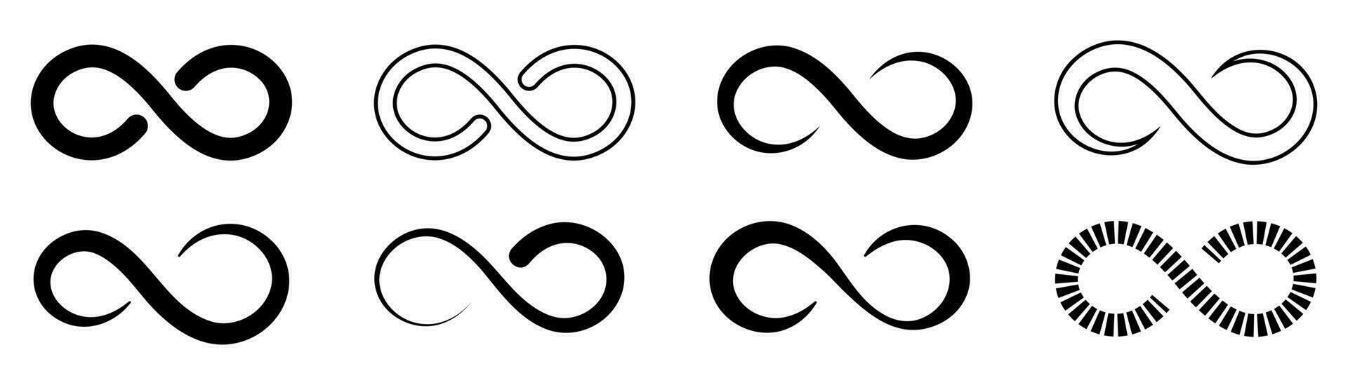 Set of loop sign. Isolated infinity symbol in black. Forever icons on white background. Endless sign collection. Bold and outline design of eternal circle. Different style of loop shape. vector