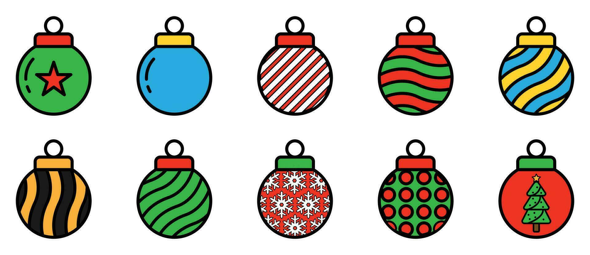 Christmas balls set. Xmas bubble ornament. Collection of Christmas bulb icons. Colorful sphere decoration with snowflake and star. Isolated winter hanging balls. Vector EPS 10.