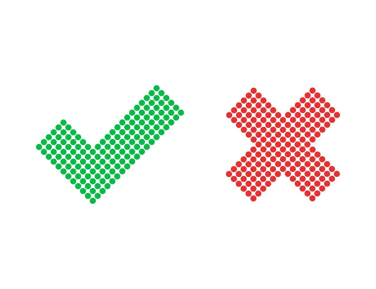 Checkmark and cross icons. Red and green positive and negative answer. Correct and incorrect sign. Yes and no iocns. Dotted style of check mark tick. Isolated X button. Error sign. Vector EPS 10.