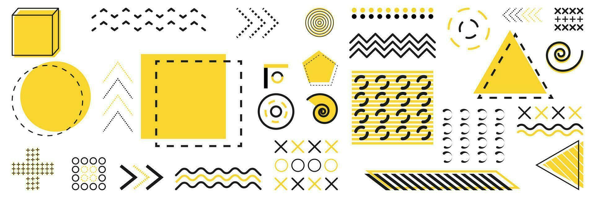 Geometric shapes collection. Isolated yellow and black elements for poster and banner. Modern graphic line and circle. Dot and triangle mockup. Abstract memphis design. Vector illustration. EPS 10.