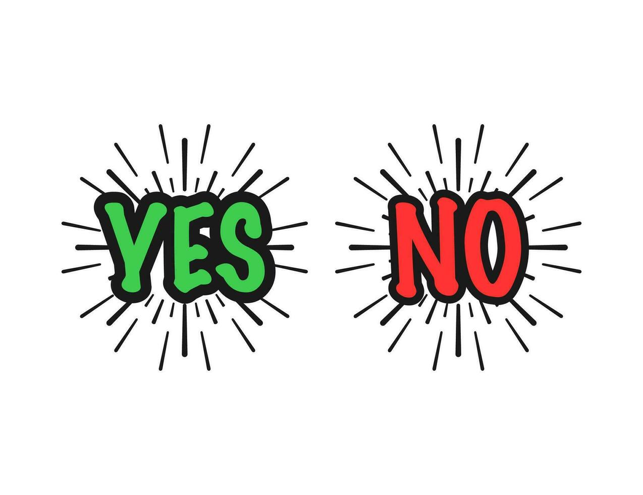 Yes and no text in splash design. Correct and incorrect sign. Positive and negative voting label. Bad and good symbol. Voting banner. Splash yes and no. Isolated green and red choice. Vector EPS 10.