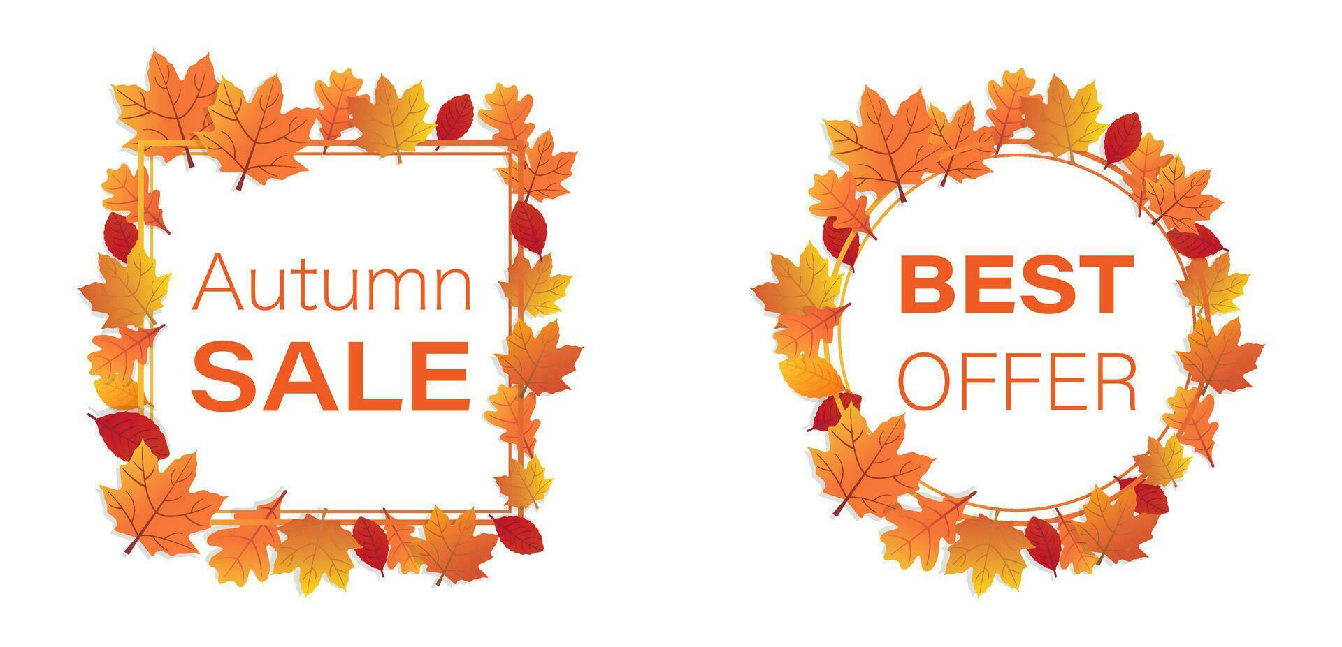 Autumn sale banner. Best offer in october. Square and round poster. Fall clearance with colorful frame. Leaves banner in gradient. Promotion wallpaper on white background. Vector EPS 10.