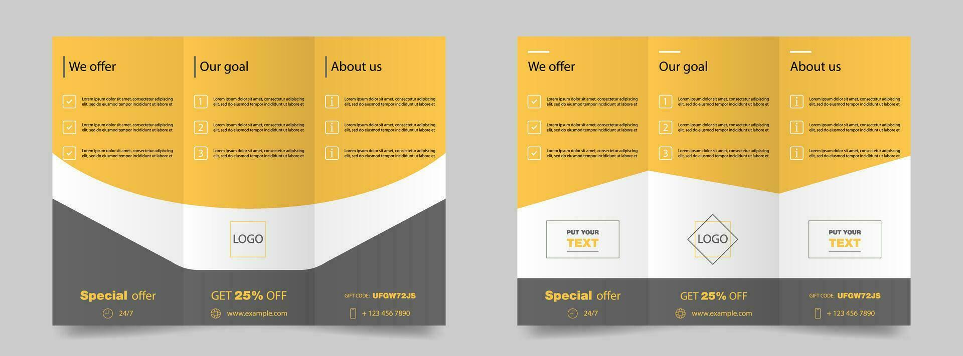 Trifold brochure mockup. Magazine poster mockup. Brochure cover for business. Trifold template in yellow. Promotion flier. Editable poster. Trifold magazine. Vector illustration. EPS 10.