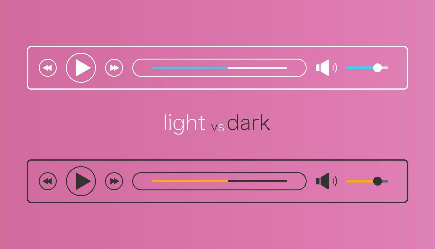 Audio player mockup in light and dark mode. Media controller interface. Template for music ui. Web layout in simple linear flat design. Audioplayer bar with play, next and sound icons. Vector EPS 10.