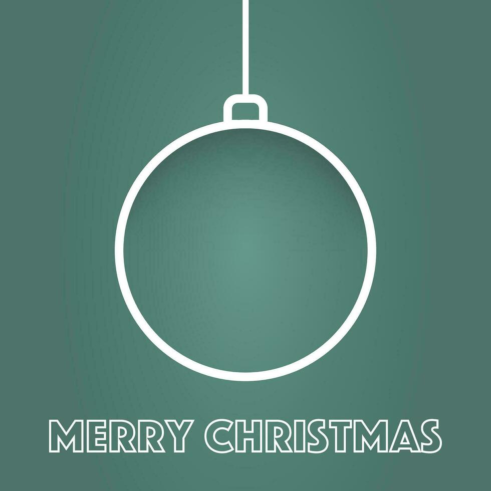 Outline Christmas ball. Mery xmas poster on green background. Isolated decoration bulb with shadow. Merry Christmas outline text in white. Greeting template ornament. Vector EPS 10.