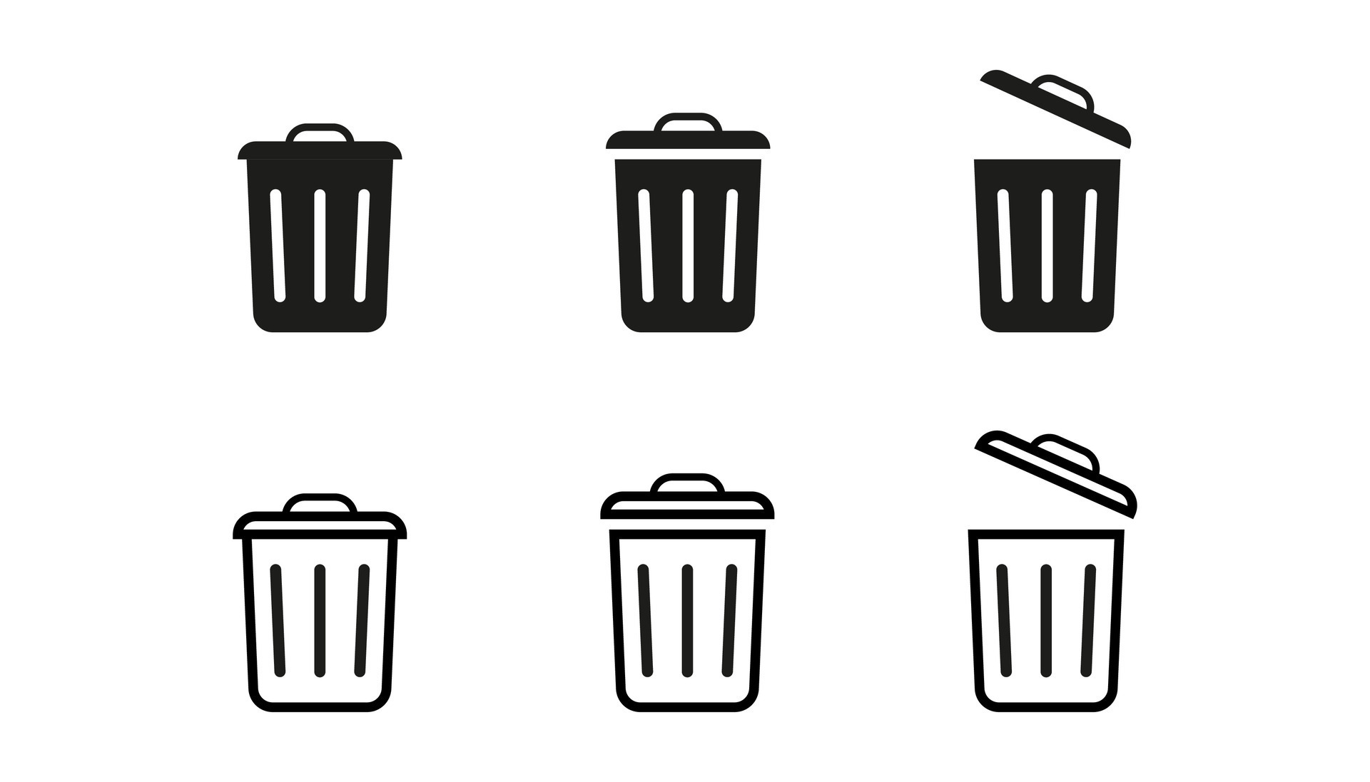 Set of trash bin icons in outline and bold design. Garbage rubbish sign