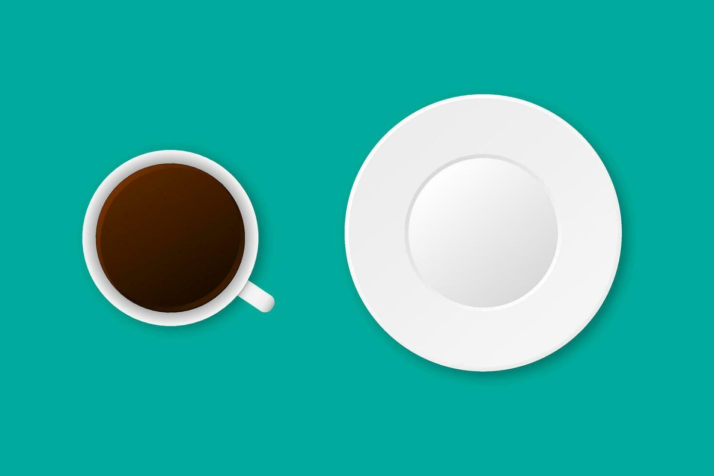 Realistic cup of coffee and white plate. Classic latte with empty saucer. Isolated morning illustration with mocha or tea mockup. Ceramic plate and cup. Vector EPS 10.