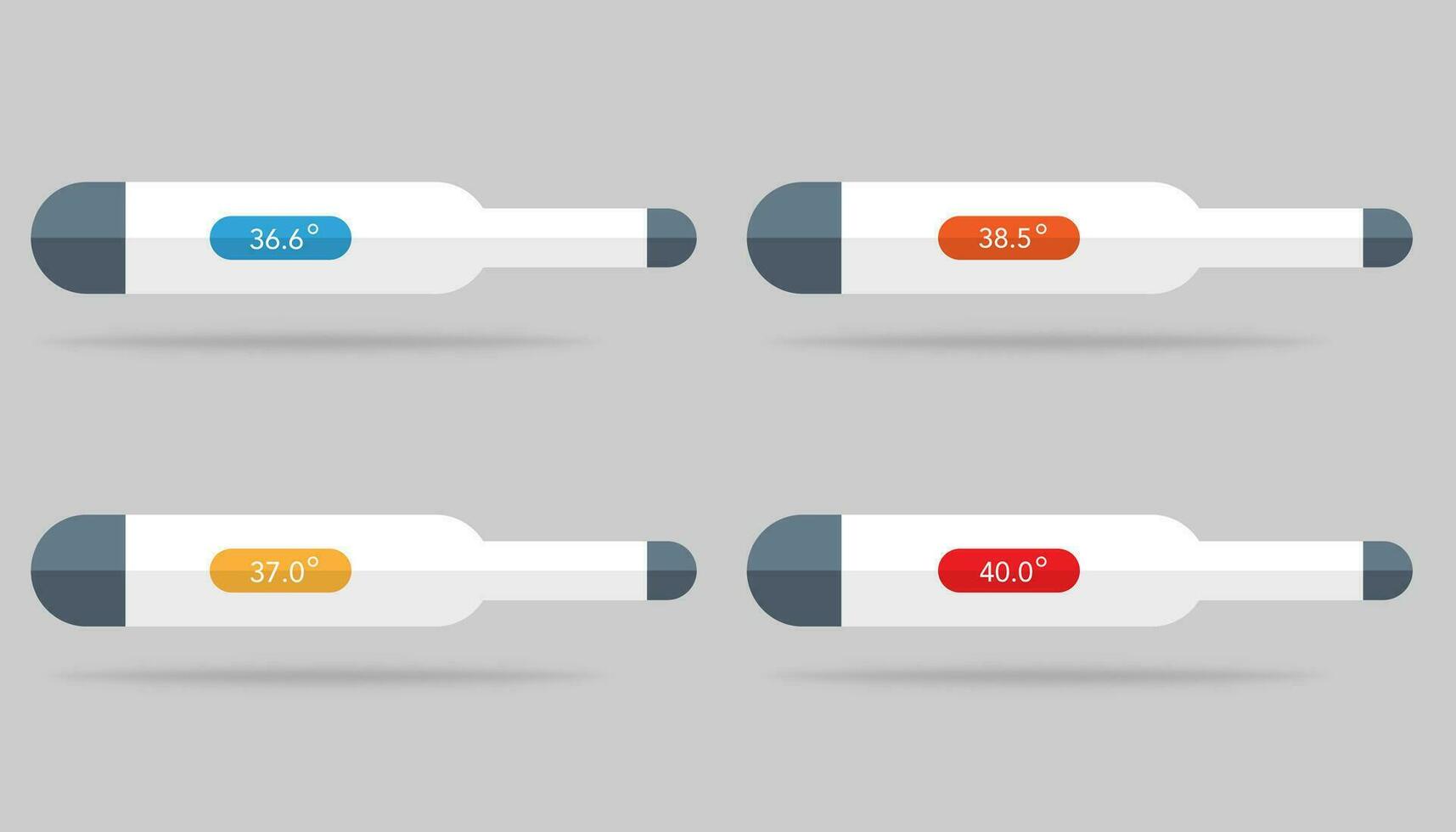 Set of thermometer icons with temperature level on it. 36.6, 37.0, 38.5 and 40 degrees with colors. Isolated medical thermometer with celsius or fahrenheit. Control of health with indicator in flat. vector