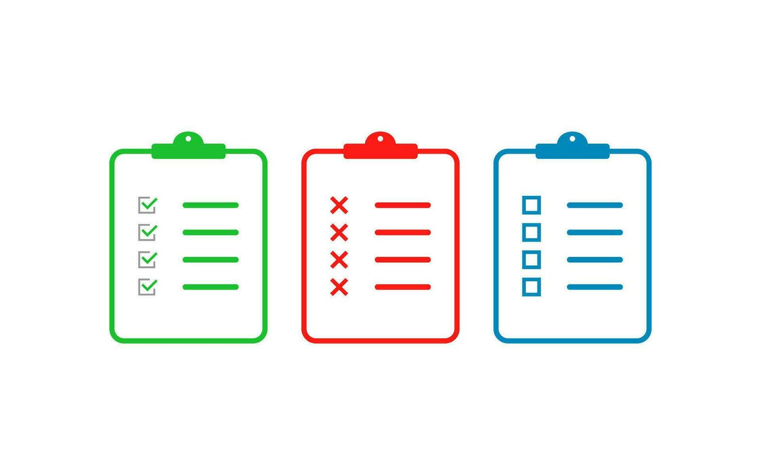 Set of clipboard documents in green, red and blue. Checklist paper with square box and ticks with cross. Chekbox test notebook. Isolated clipboard form. Survey report book. Vector EPS 10.