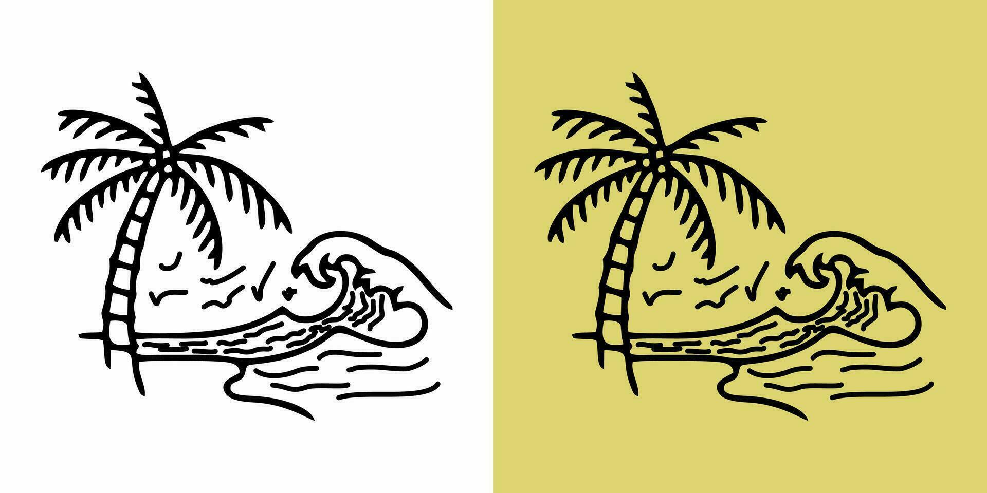 two different palm trees on a beach with waves vector