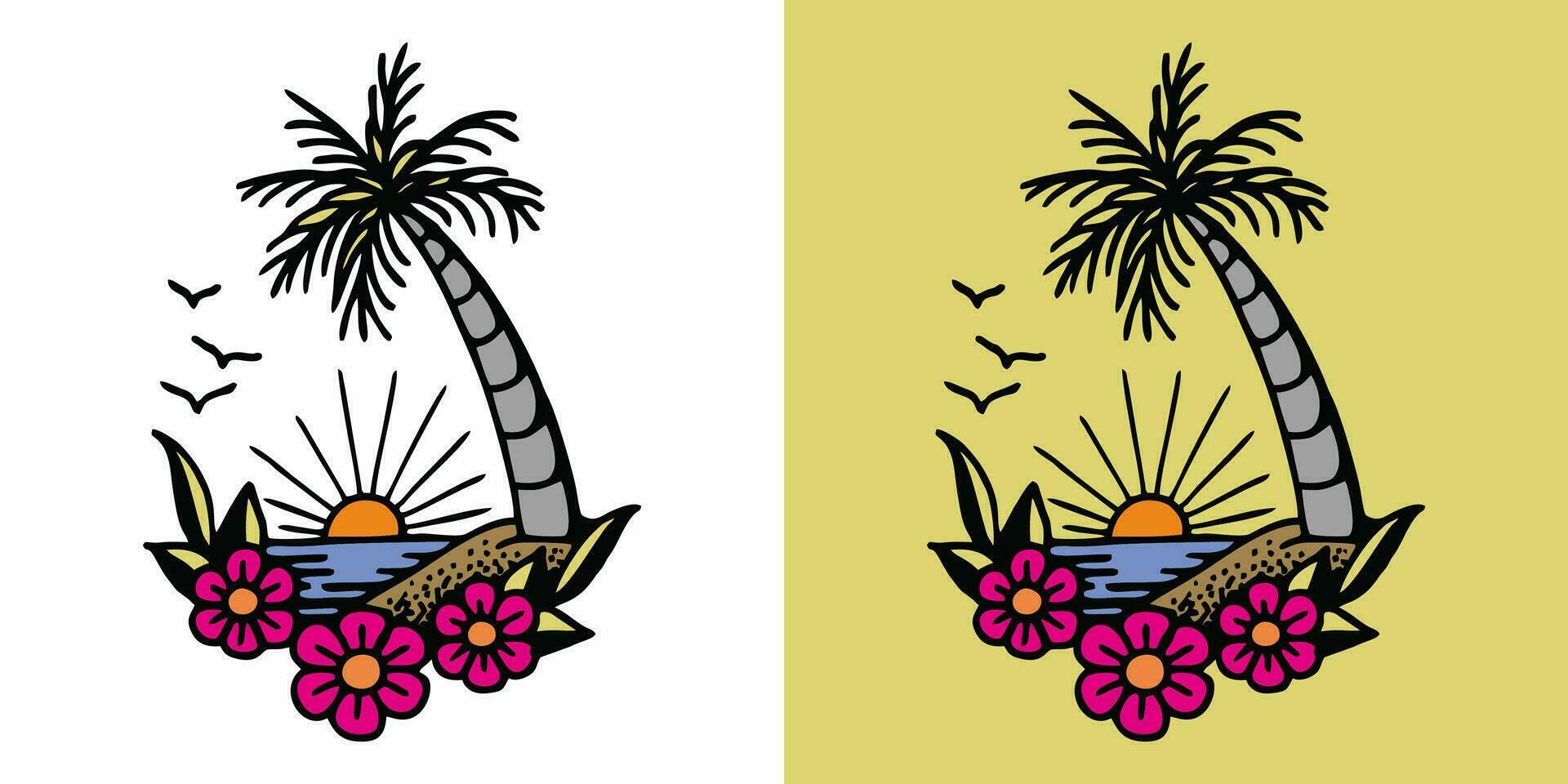 two different palm trees and flowers on a beach vector