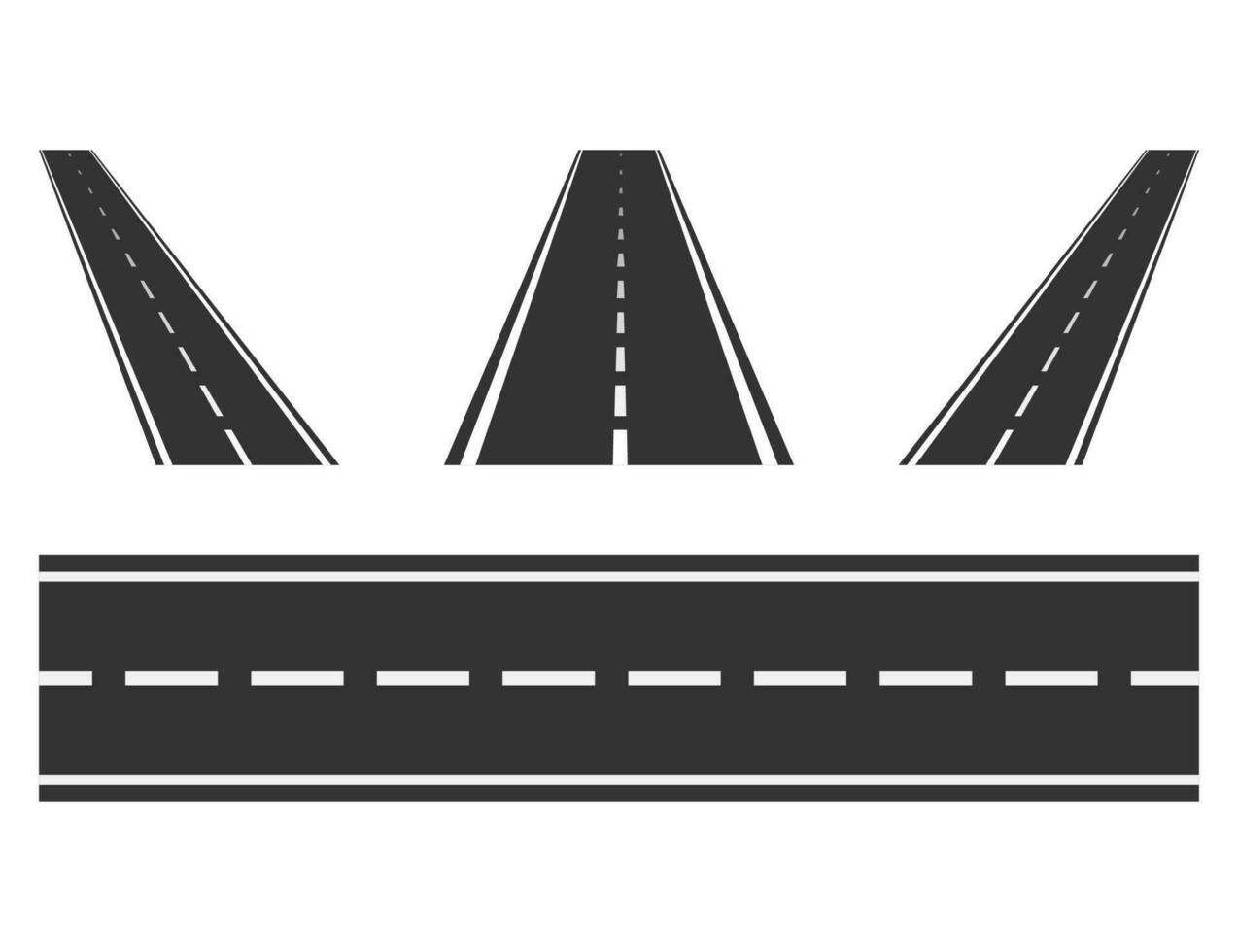 Set of road way from top view. Isolated asphalt highway. Straight and diagonal route perspective. Speedway in black color in flat design. Roadway sign for racing cars. Vector EPS 10.