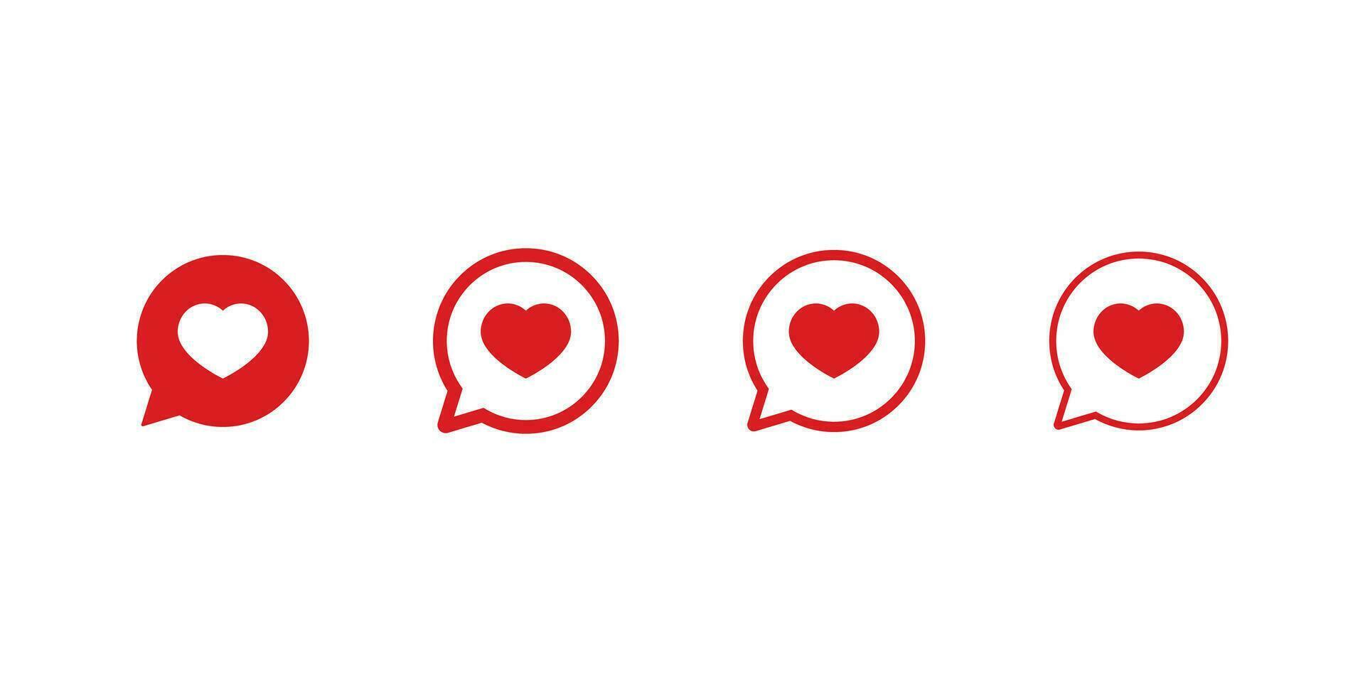 Social media bubble button with heart inside. Isolated red like icon. Speech bubble in bold and outline thin design. Notification sign in red bubble and white heart. Vector EPS 10.