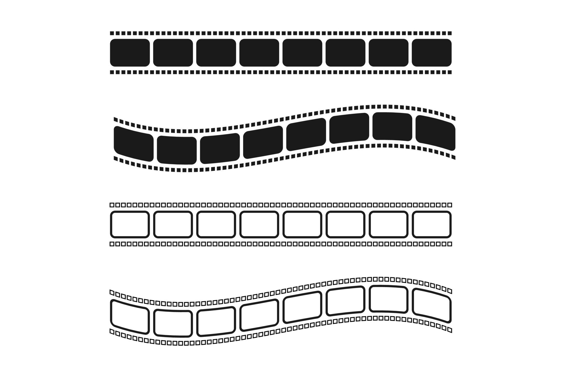 Set of film reel in black and white. Straight and wavy cinema