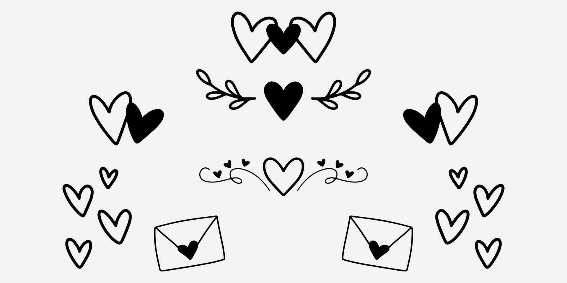 escrito corazón íconos en garabatear estilo. mano dibujo romántico símbolos en negro. amor divisores decoración. remolino corazón garabatos en escrito estilo vector