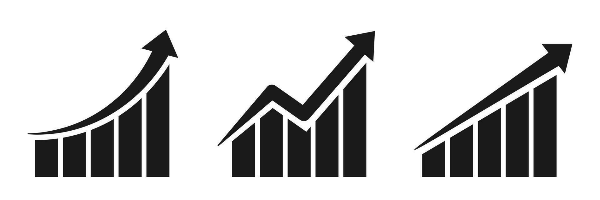 Growing chart icons. Isolated business progress. Financial increase symbol. Success infographic. Progress graph in black color on white background. Statistic profit bar. Vector EPS 10.