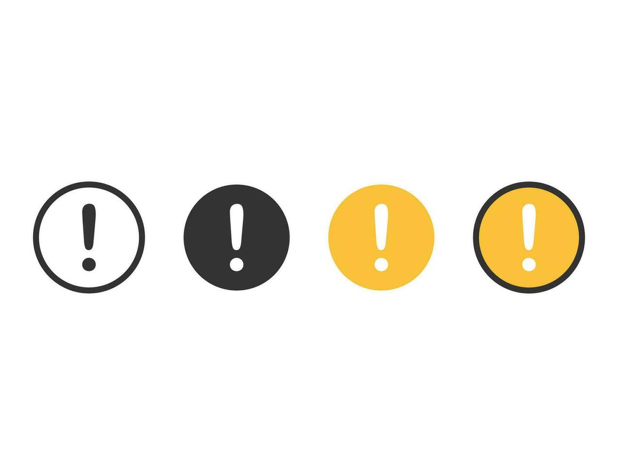 Exclamation mark icons. Caution sign in circle with black, white and yellow colors. Transparent outline alert icon. Warning and risk illustration. Round error or stop sign. Isolated template. vector