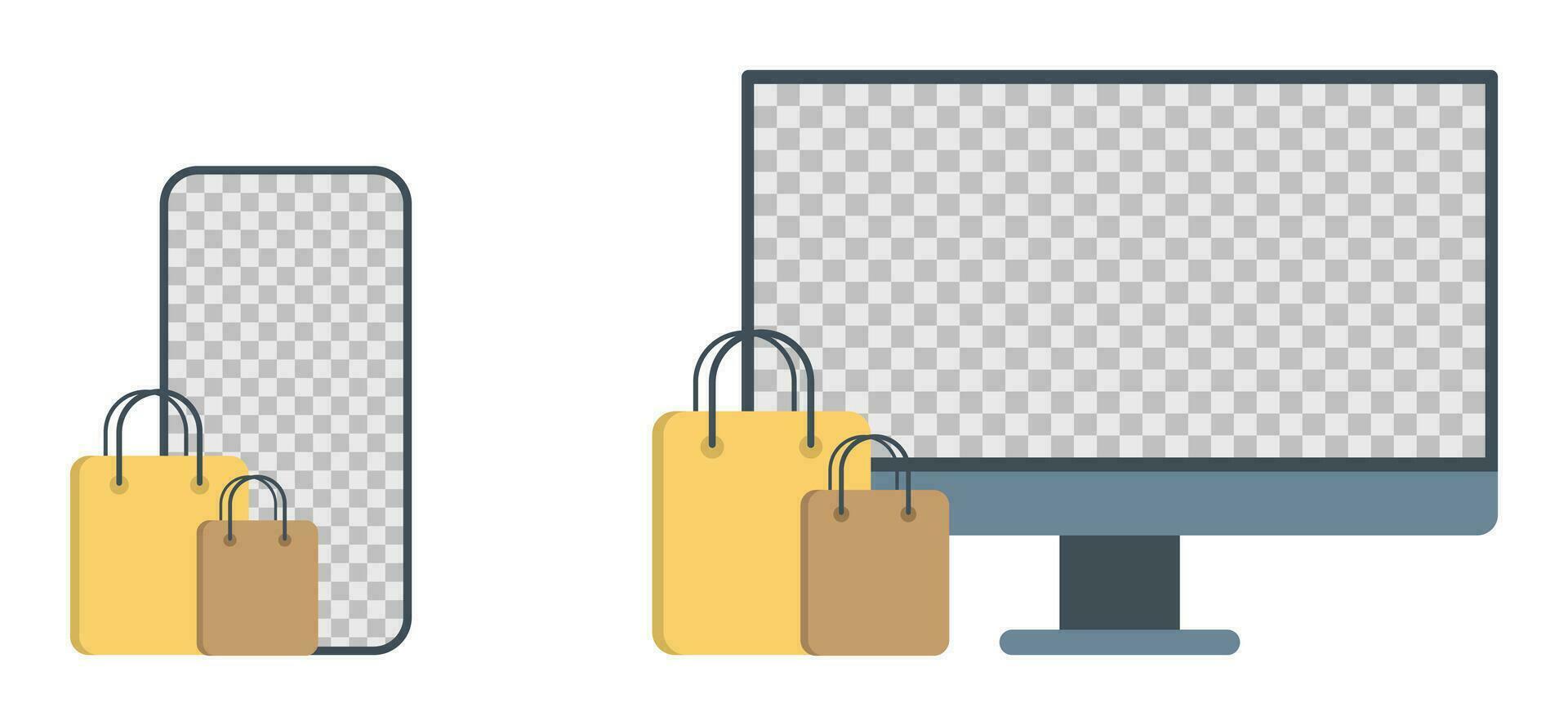 Online shopping. E-commerce store on mobile and computer. Web shopping mockup. Editable screen on device with handbag. Online store concept on white background. Buy via internet. EPS 10. vector