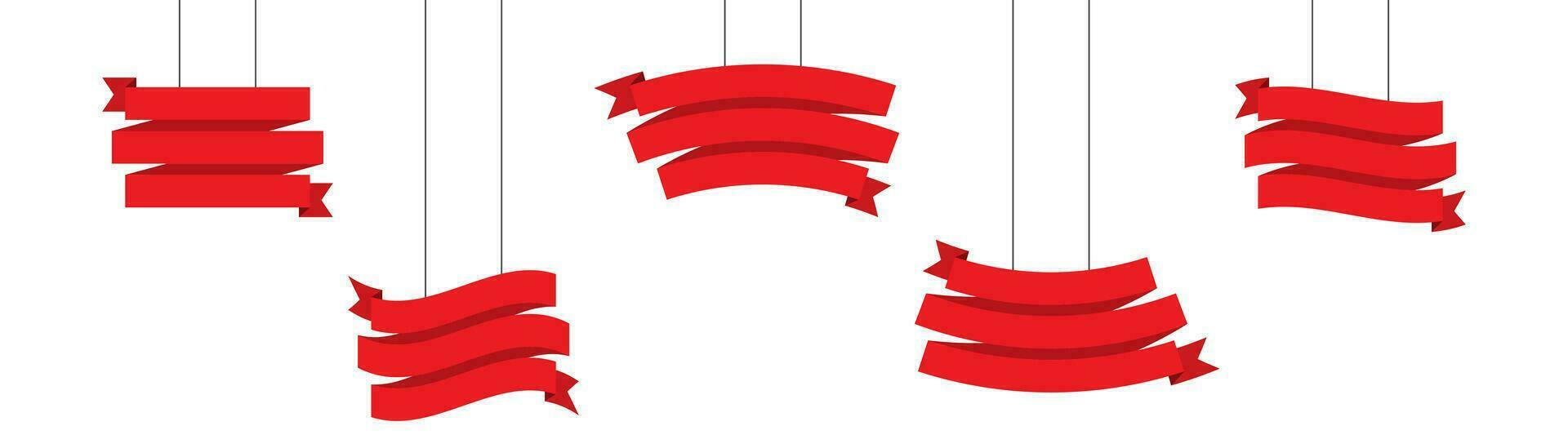 Hanging title ribbon in red. Curled promotion ribbon on a rope. Set of red blank banners for advertisement. Isolated flat gift ribbon on white background.  Hanging title ribbon illustration. EPS 10. vector